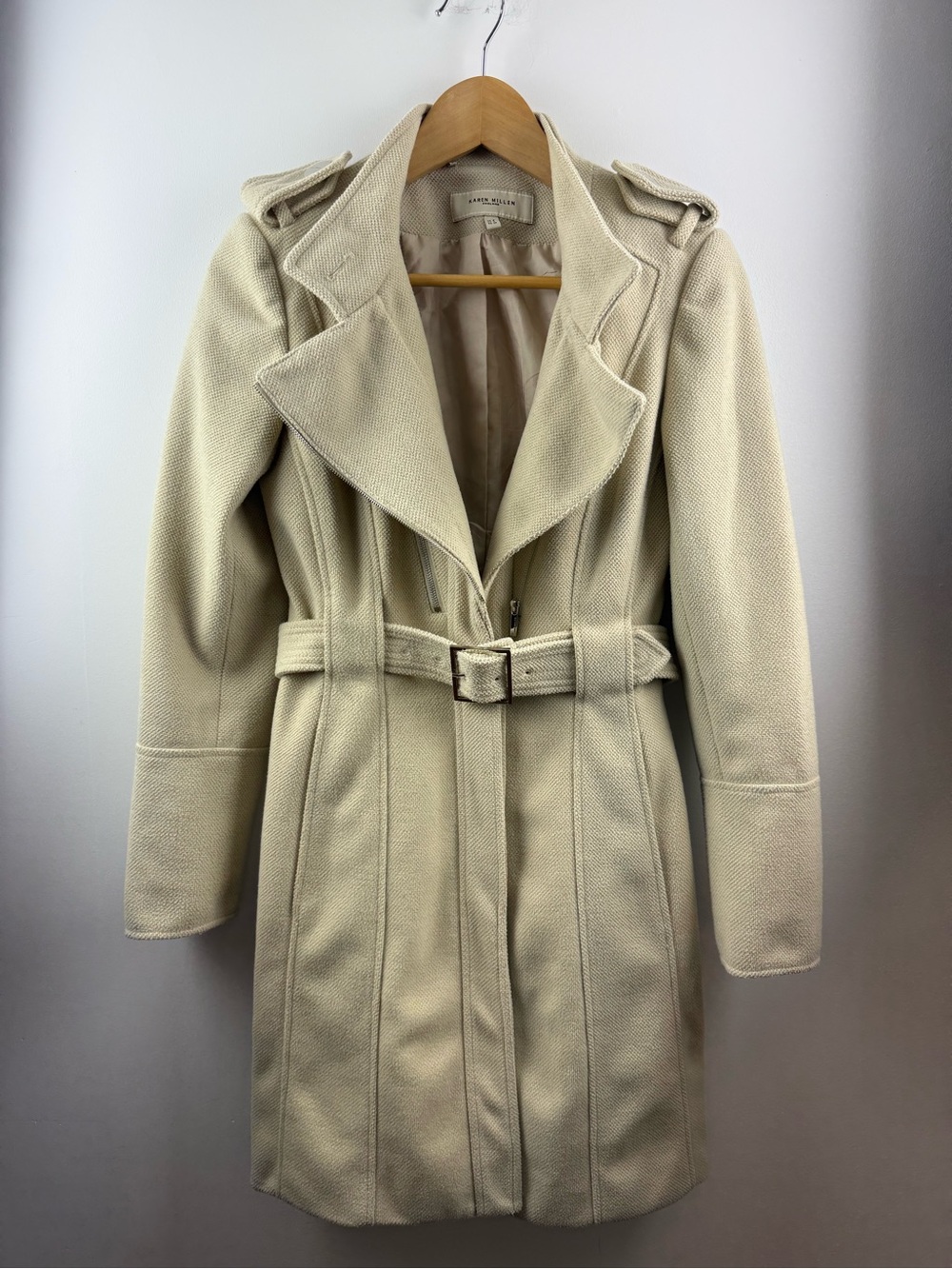Karen Millen Ivory Wool Blend Military Belted Biker Coat Jacket Size 4